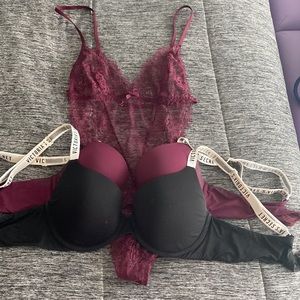 Maroon Lacey bodysuit, 2 Bras 36B - 1 Maroon and 1 Black